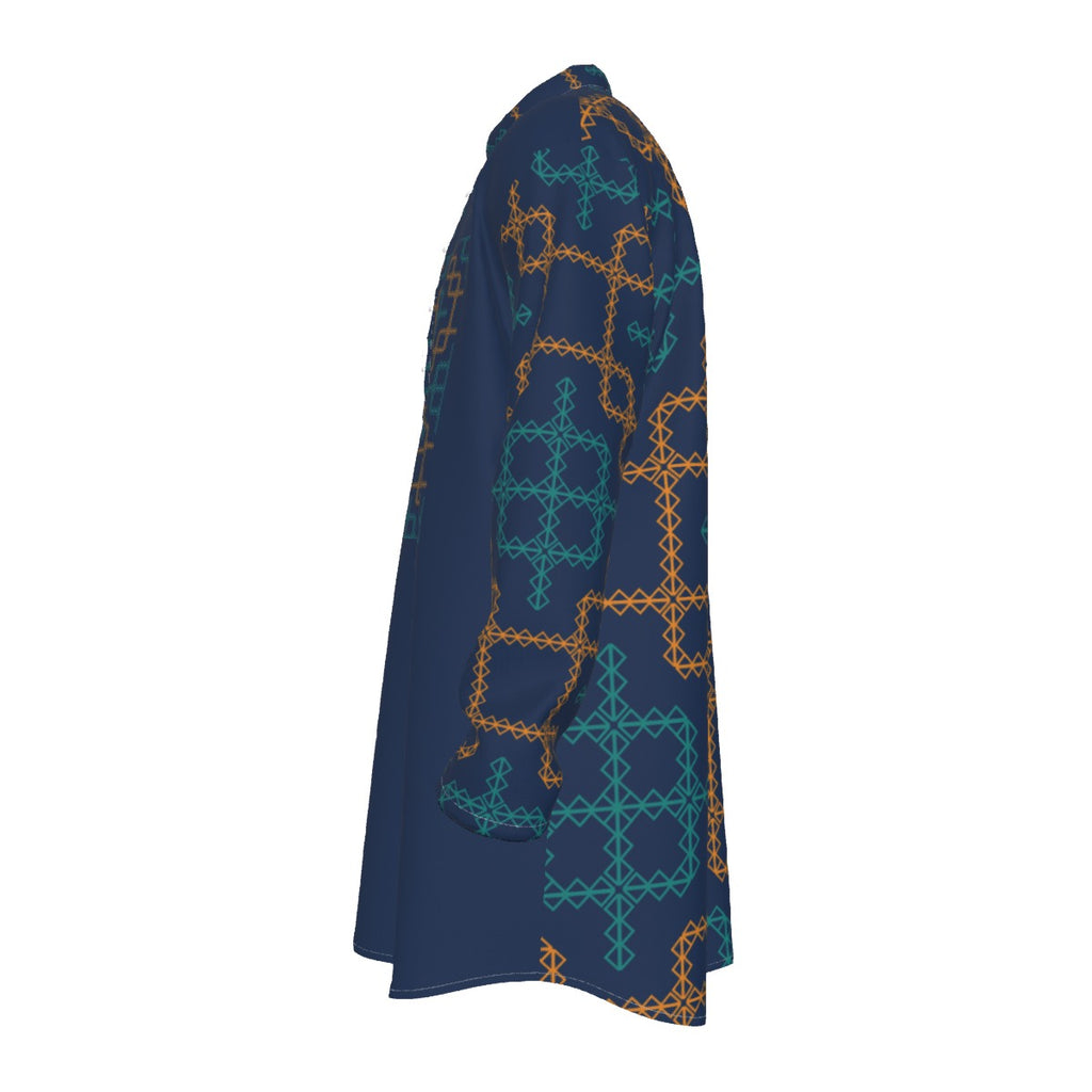 Kurta: All-Over Print Men's Stand-up Collar Long Shirt - Shopzeedeey