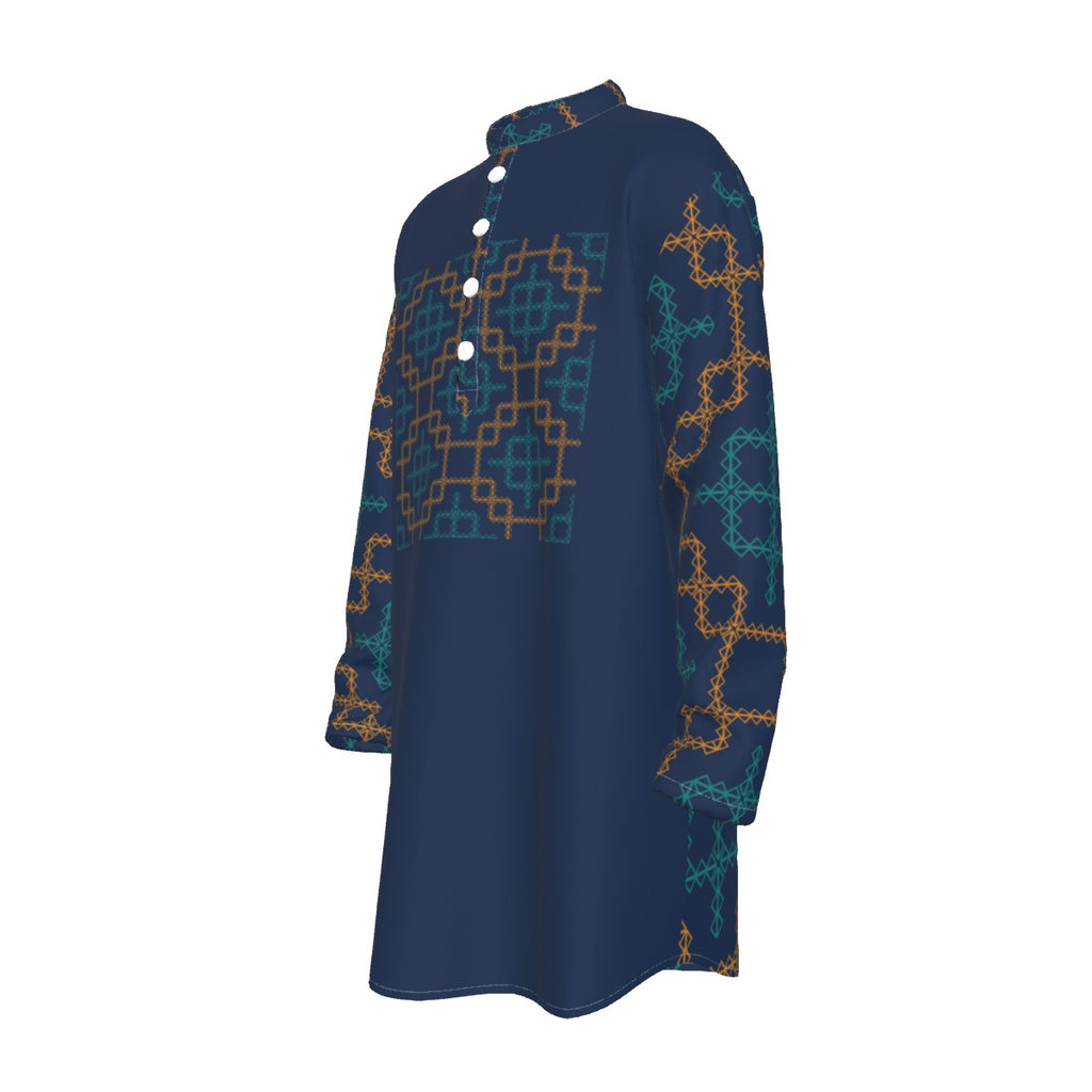 Kurta: All-Over Print Men's Stand-up Collar Long Shirt - Shopzeedeey