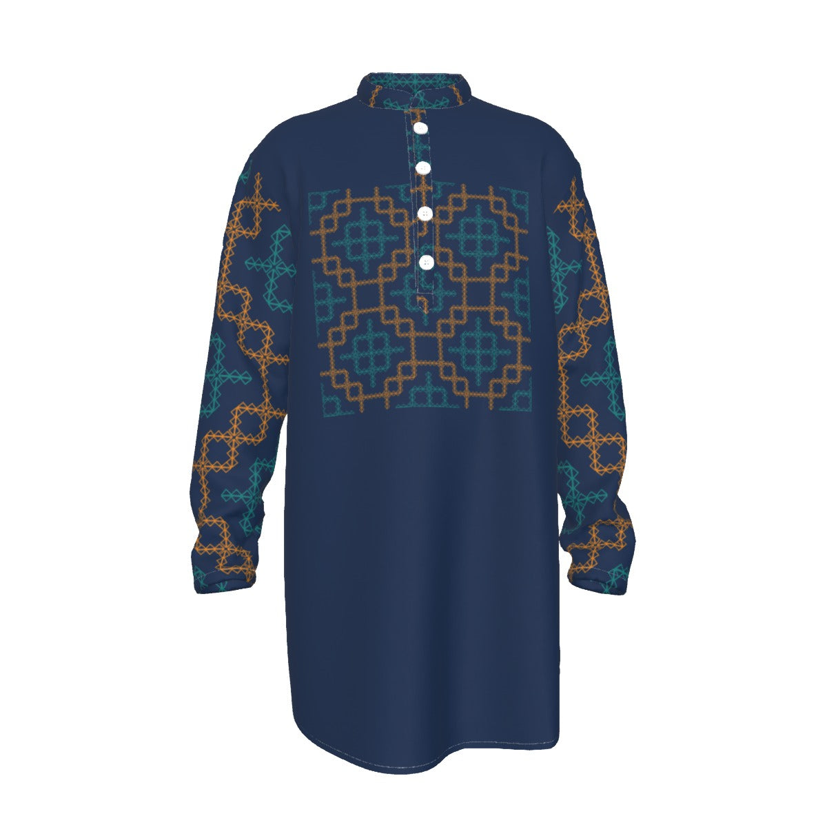 Kurta: All-Over Print Men's Stand-up Collar Long Shirt - Shopzeedeey