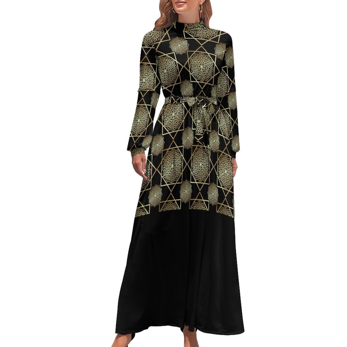 Dress: Design Long Sleeve High Neck Long Dress - Shopzeedeey