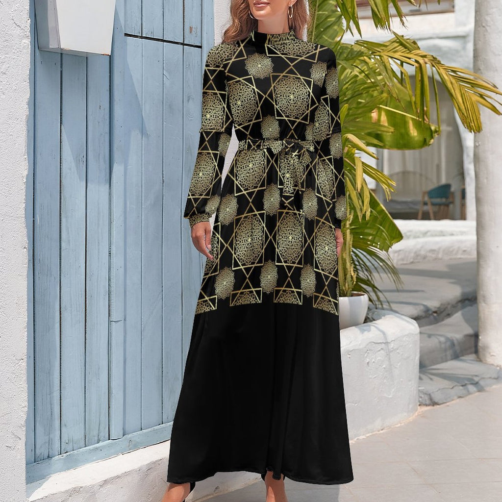 Dress: Design Long Sleeve High Neck Long Dress - Shopzeedeey