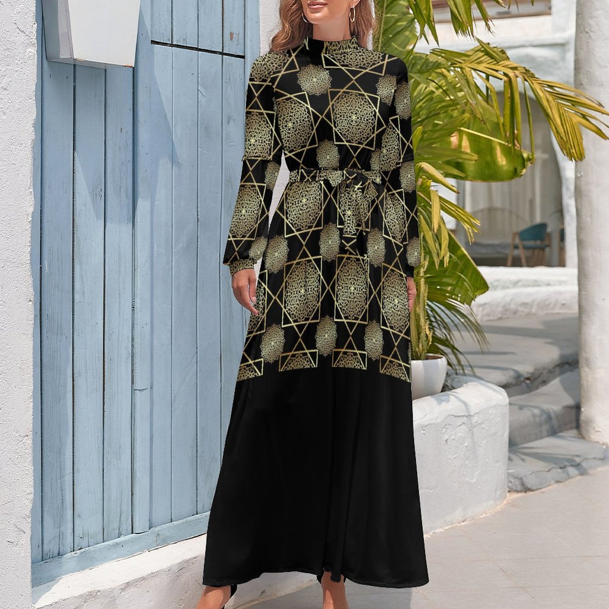 Dress: Design Long Sleeve High Neck Long Dress - Shopzeedeey