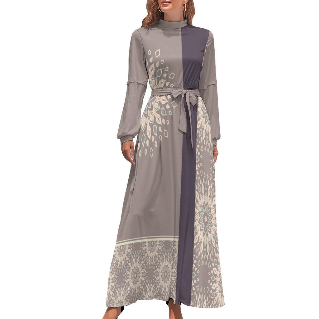 Dress - Design Long Sleeve High Neck Long Dress - Shopzeedeey
