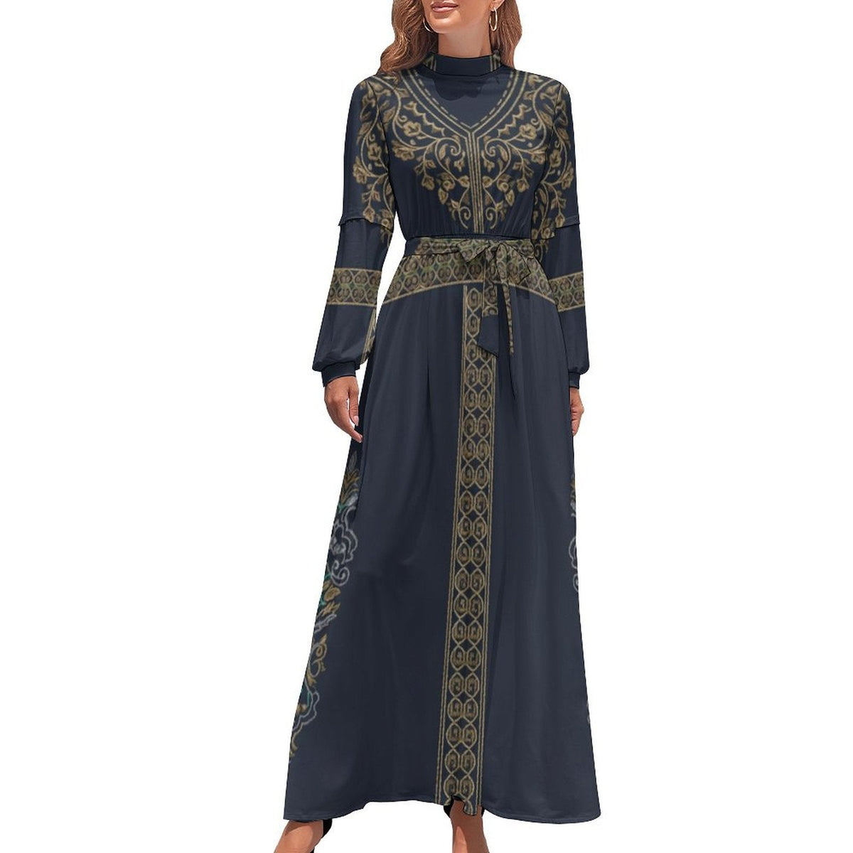 Dress - Design Long Sleeve High Neck Long Dress - Shopzeedeey