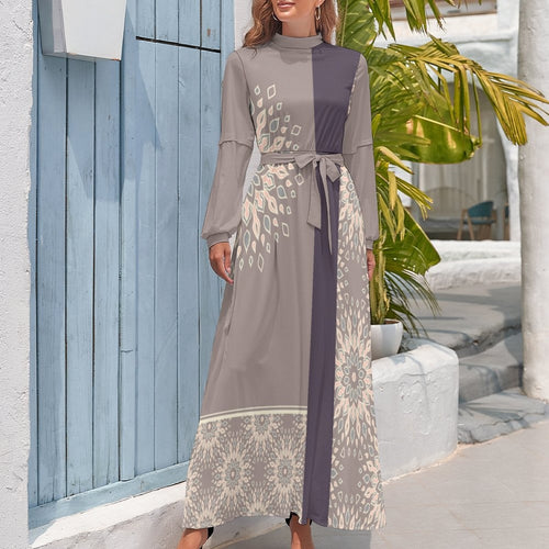 Dress - Design Long Sleeve High Neck Long Dress - Shopzeedeey