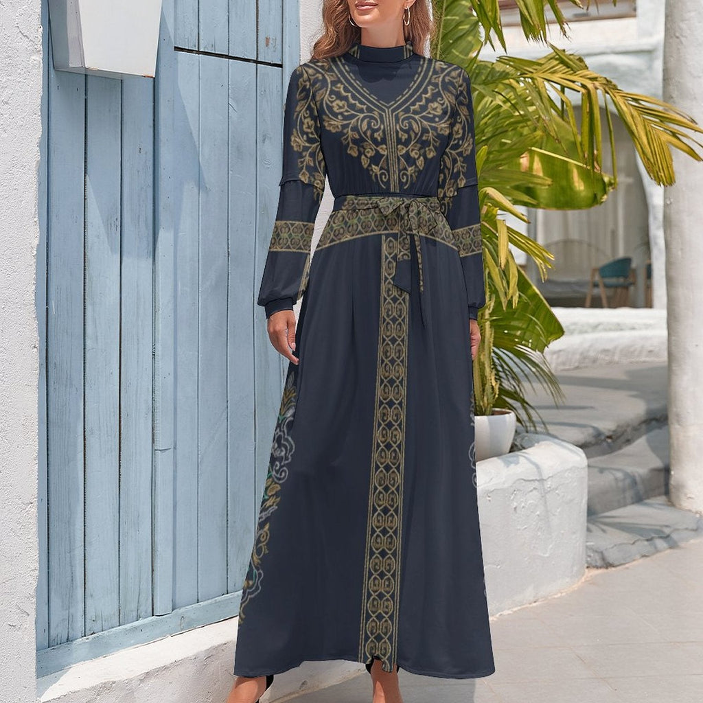 Dress - Design Long Sleeve High Neck Long Dress - Shopzeedeey
