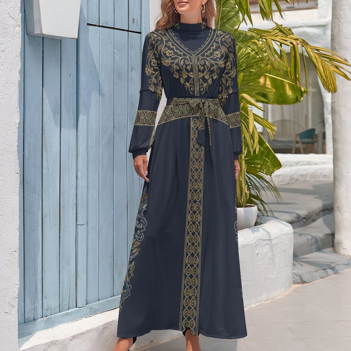 Dress - Design Long Sleeve High Neck Long Dress - Shopzeedeey