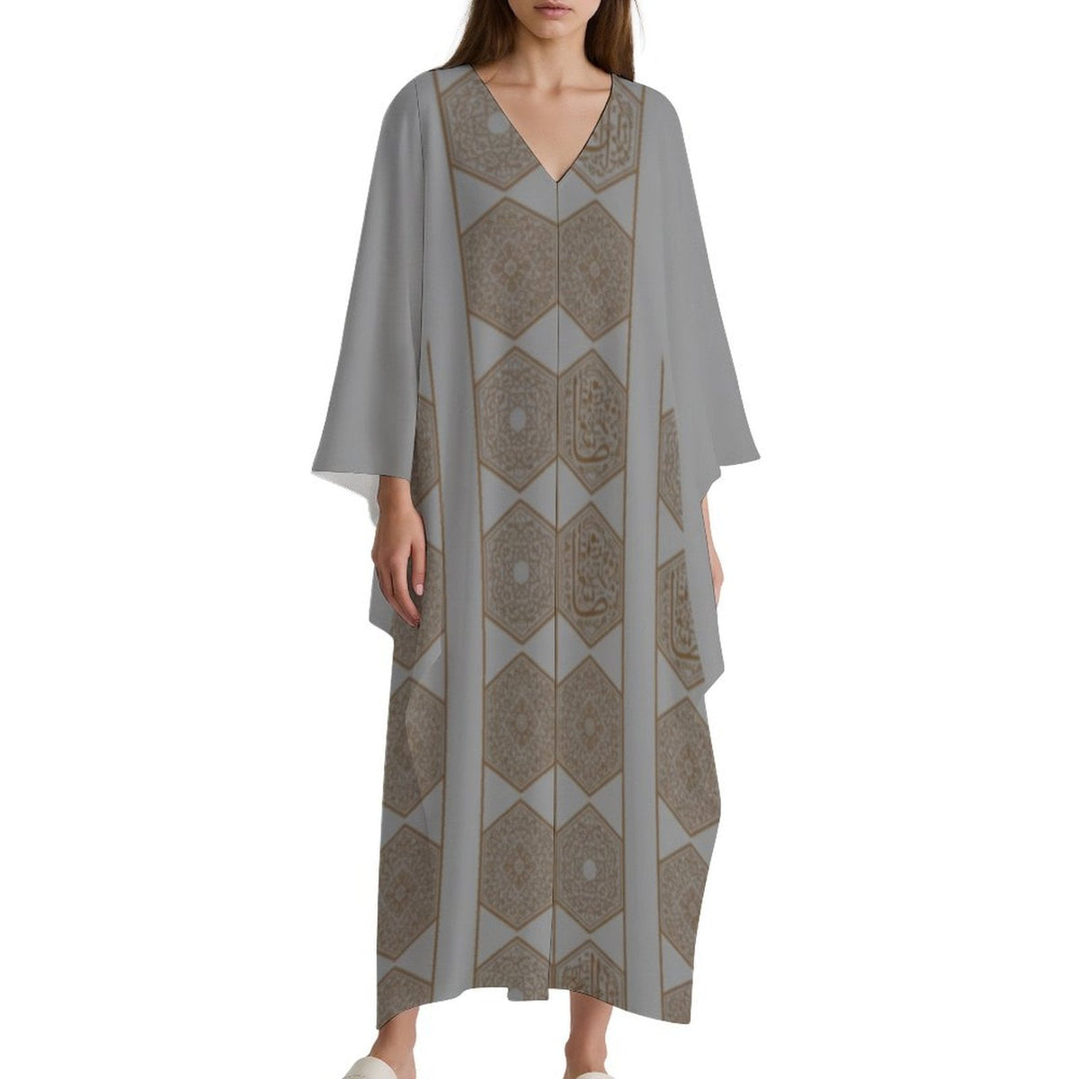 Kaftan Design V-Neck Dress for Effortless Elegance - Shopzeedeey
